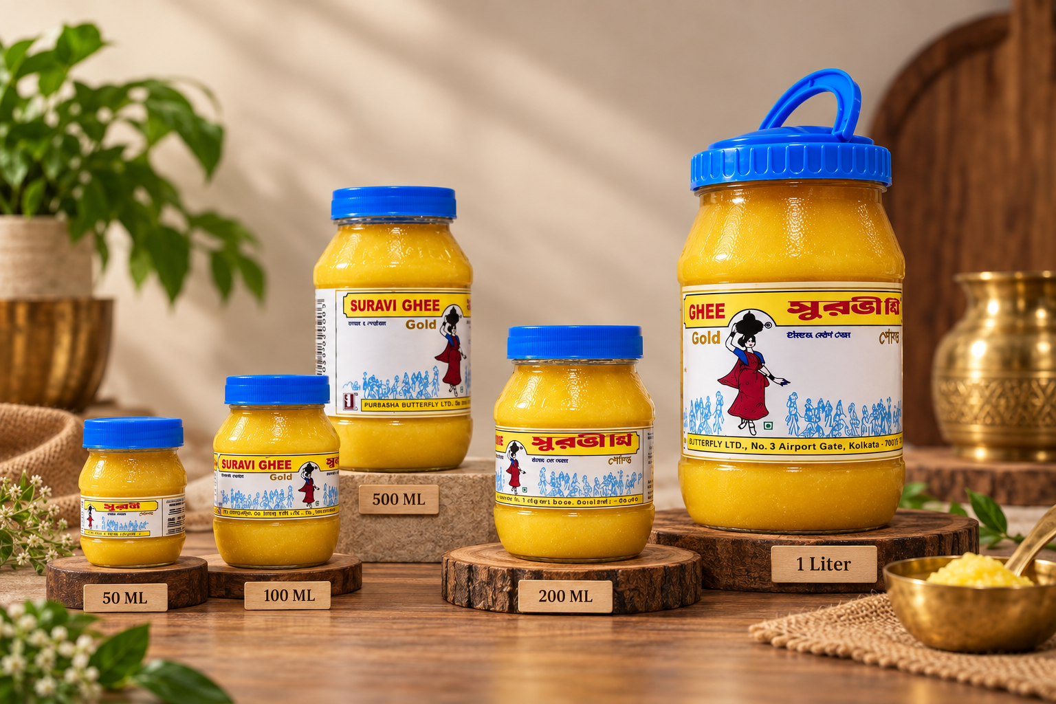 Suravi Ghee PET jar packs, five sizes