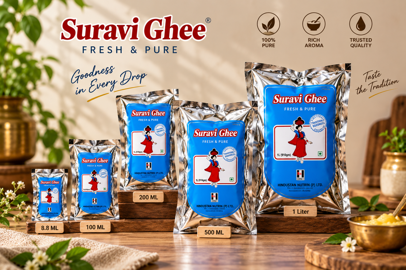 Suravi Ghee pouch packs, 100g and 200g
