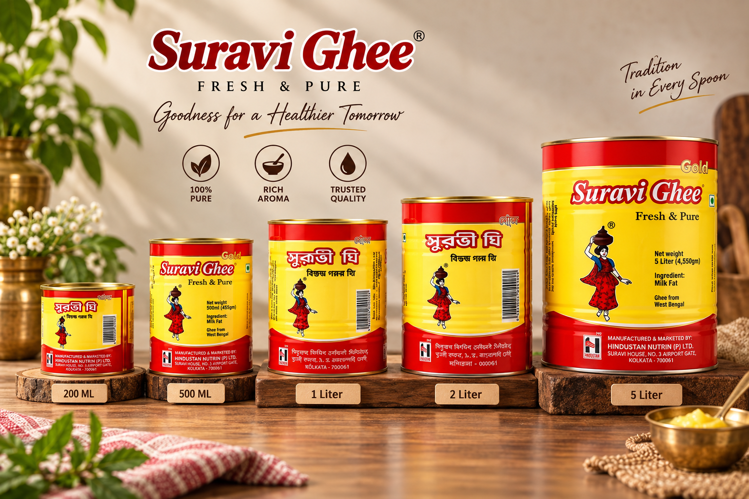 Suravi Ghee tins in three sizes, 500g, 1kg and 200g